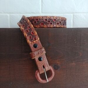 Handmade in Mexico brown red leather belt with braided detailing